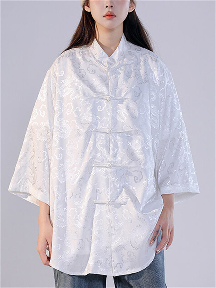 Women's Summer Jacquard Stand Collar Casual Tangsuit Shirts