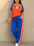 Women Color Block Short Sleeve Polo and Wide Leg Track Pants Set