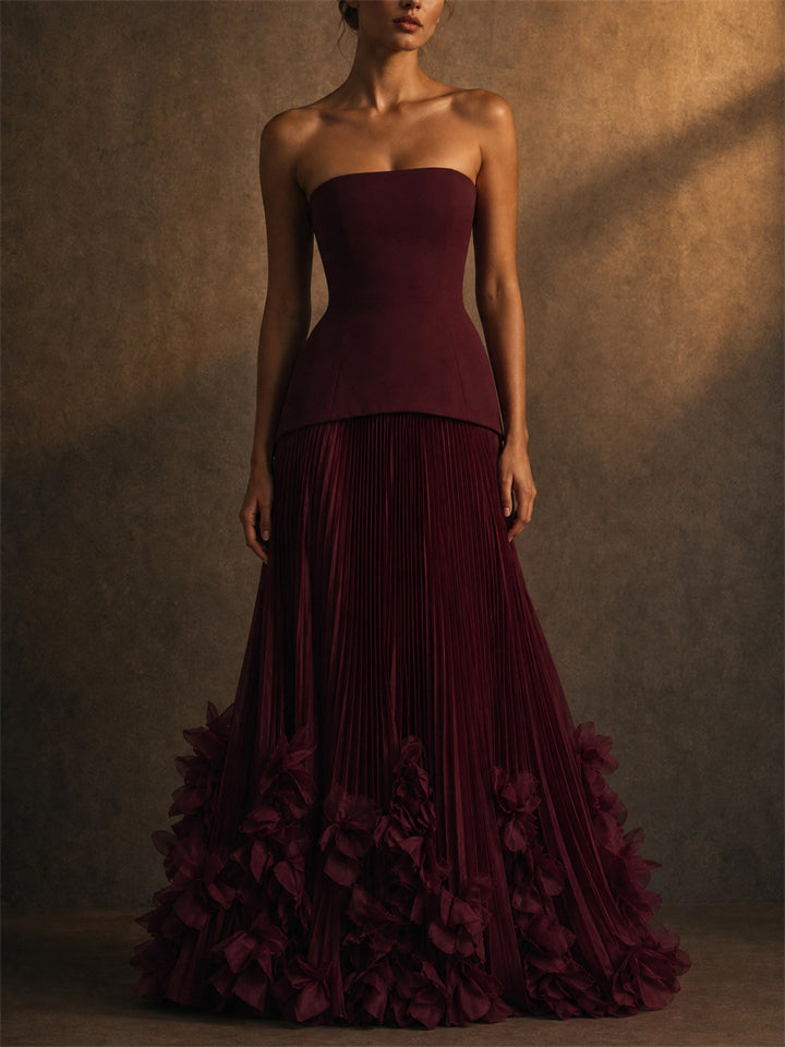 Women 3D Floral Strapless Corset Pleated Maxi Dress