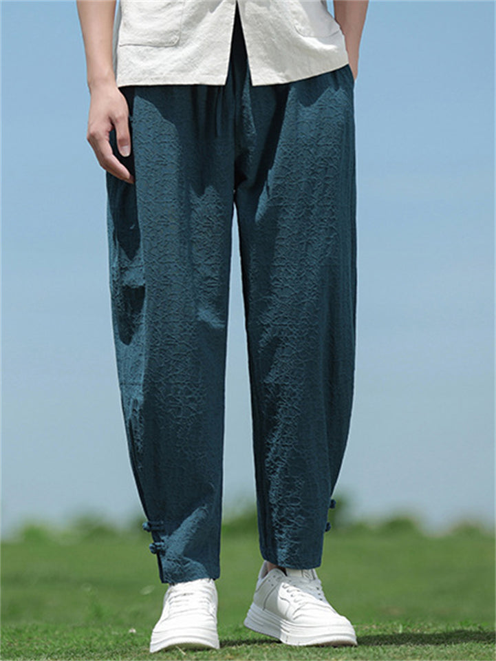 Men‘s Summer Loose Fit Drawstring Casual Jogger Pants with Buttons Details Cuff