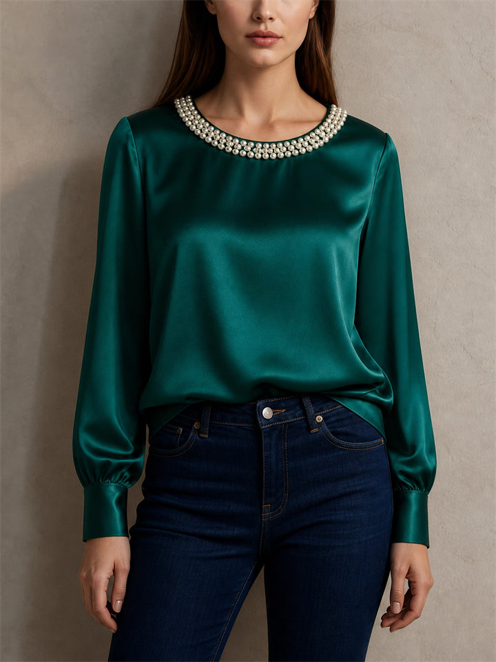 Women Faux Pearl Neck Long Sleeve Top Satin Blouse