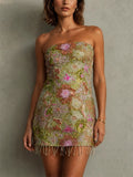Womens Strapless Floral Embroidered Fringe Mini Party Dress