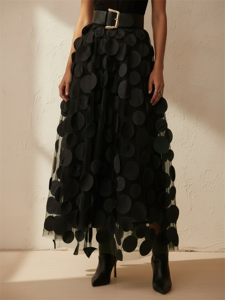 Women High Waist 3D Polka Dot Tulle Mesh Party Maxi Skirt