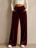 Womens Grunge Style Velvet Elastic High Waisted Wide Leg Pants