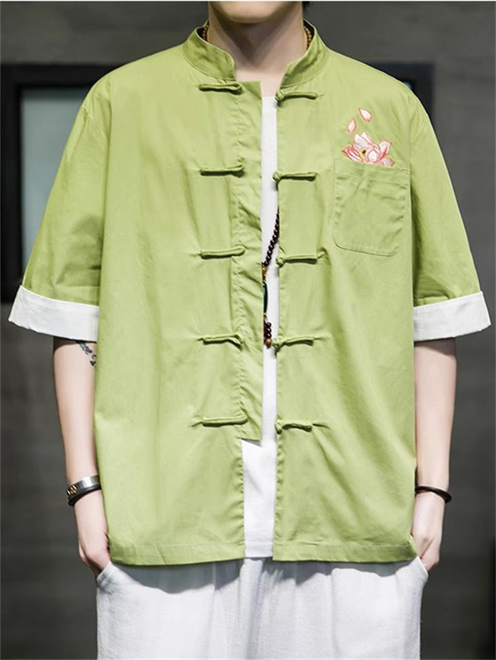 Men's Lotus Embroidery Tang Suit Short Sleeve Stand Collar Shirts