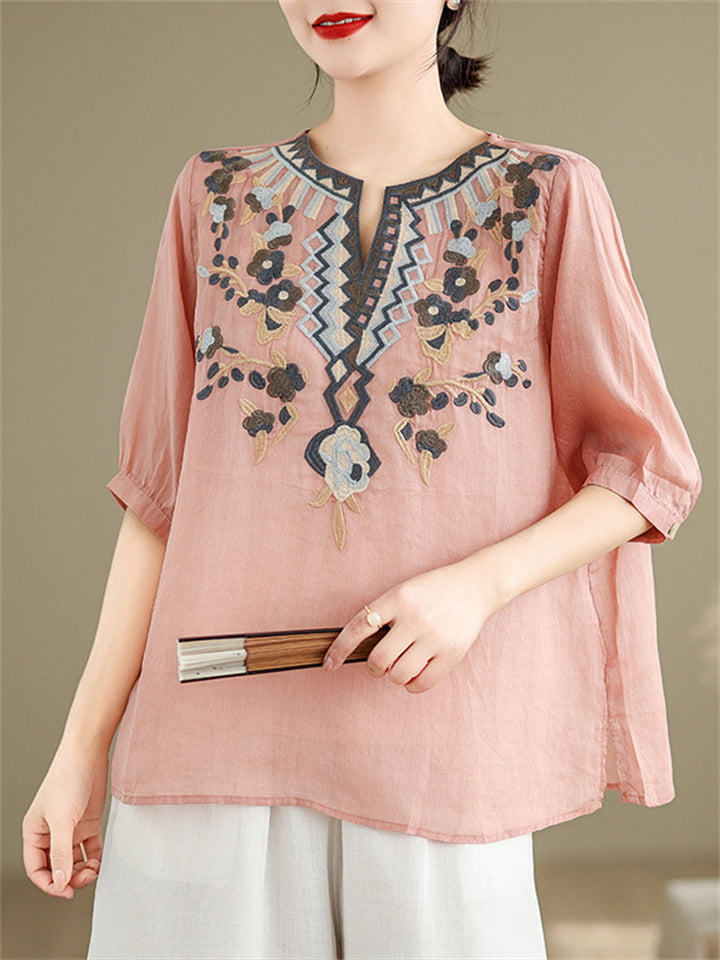 Loose Women's V-Neck Ethnic Style Embroidered Shirts