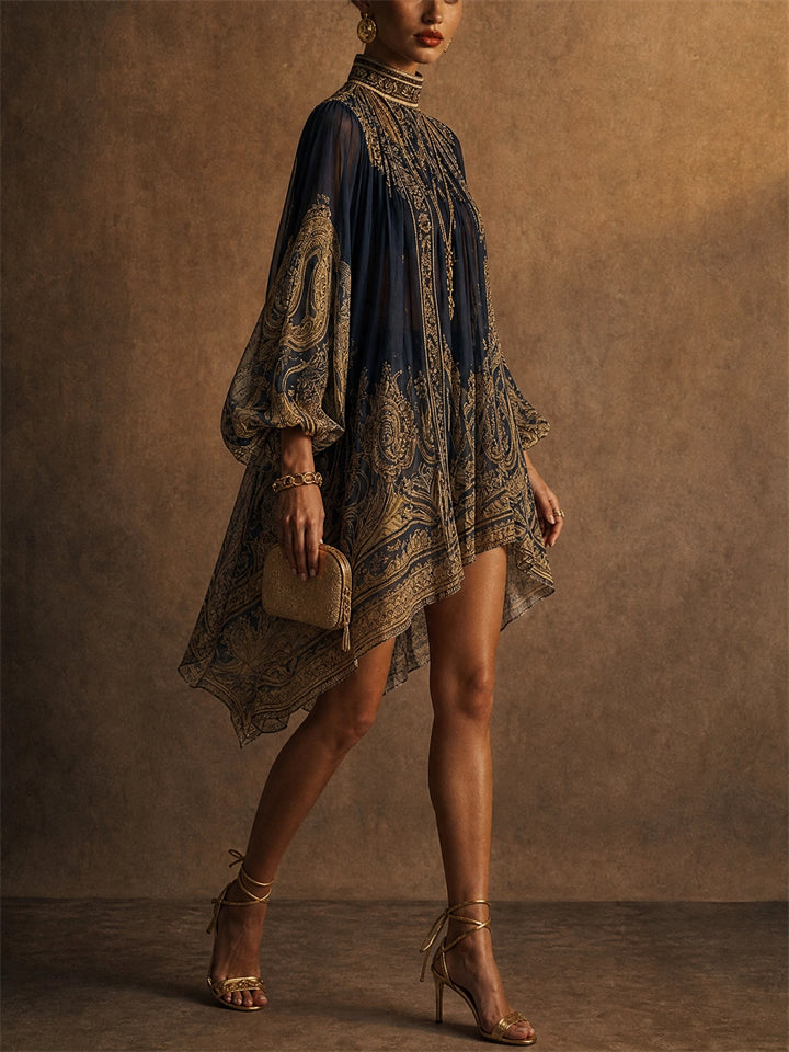 Women Gold Paisley Print Chiffon Lantern Sleeve Mini Dress