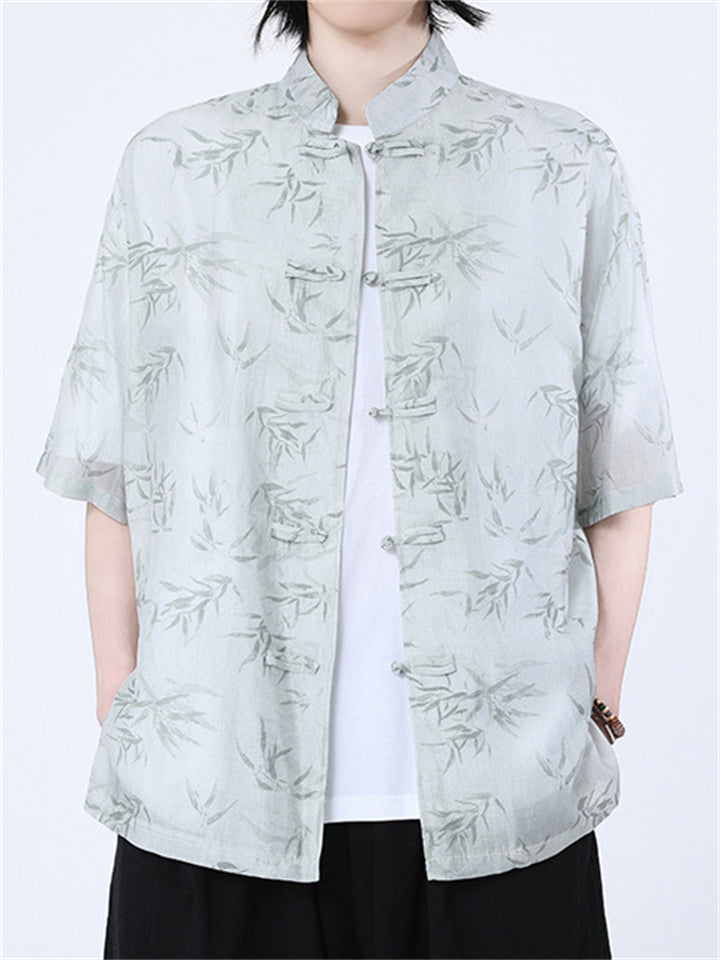 Chinese Style Men's Summer Bamboo Stand Collar Short Sleeve Shirts