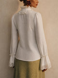Women Victorian White Lace Ruffle High Neck Bell Sleeve Top