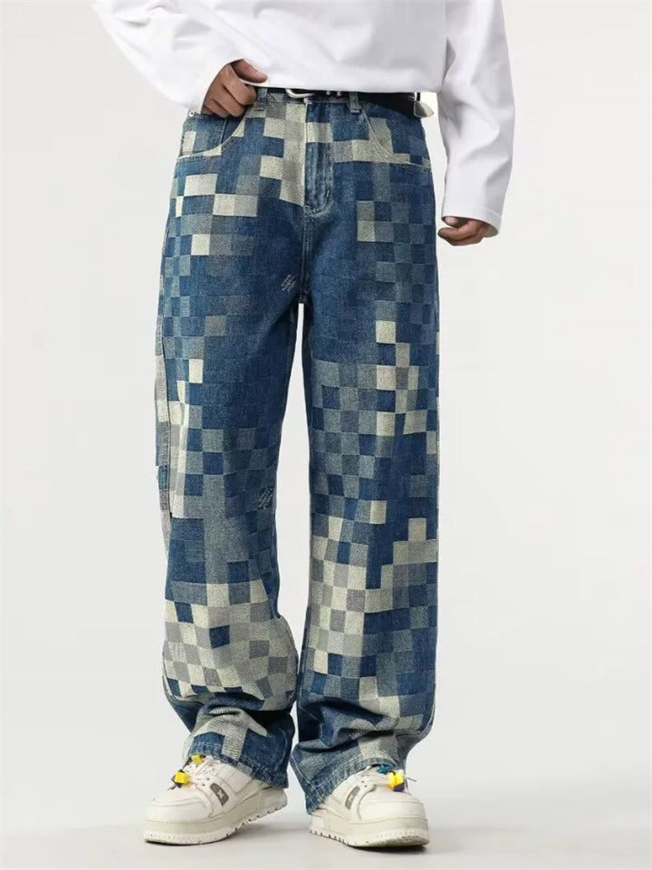 Men's Casual Streetwear Mosaic Checkered Loose Fit Straight Denim Pants