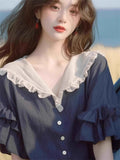 Women's Summer Contrast Color Lotus Short Sleeved Shirts
