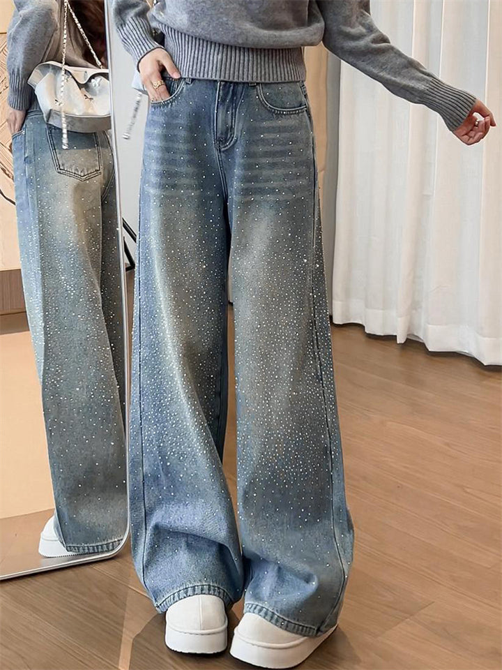 Women's Spring Rhinestone High Waist Staight Wide Leg Jeans