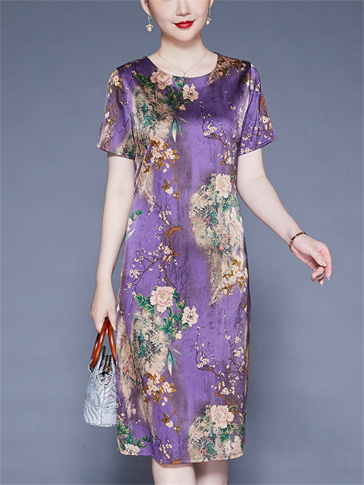 Flower Print O-neck Short Sleeve A-Line Dress for Women