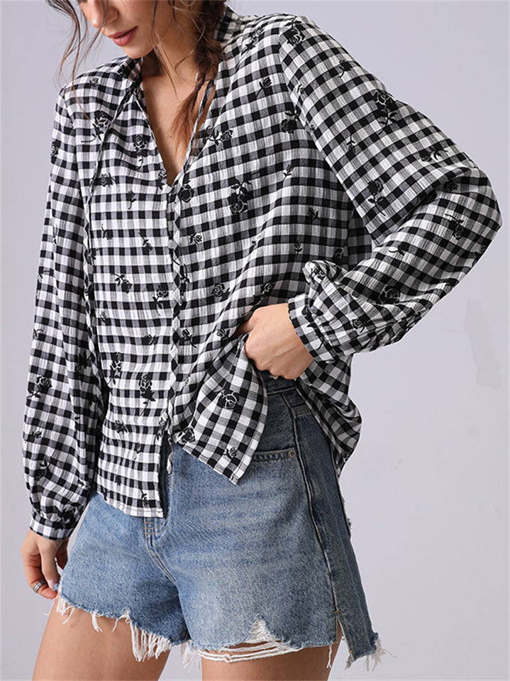 Women's Black White Plaid Long Sleeve Shirt