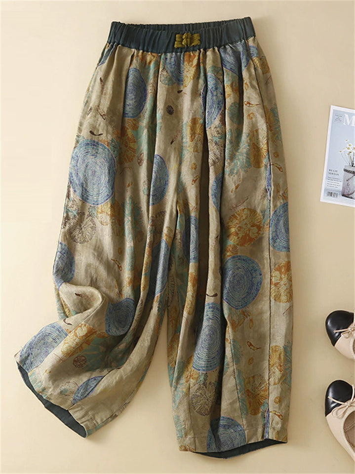 Women's Summer Comfy Chinese Style Printed Wide Leg Cropped Pants