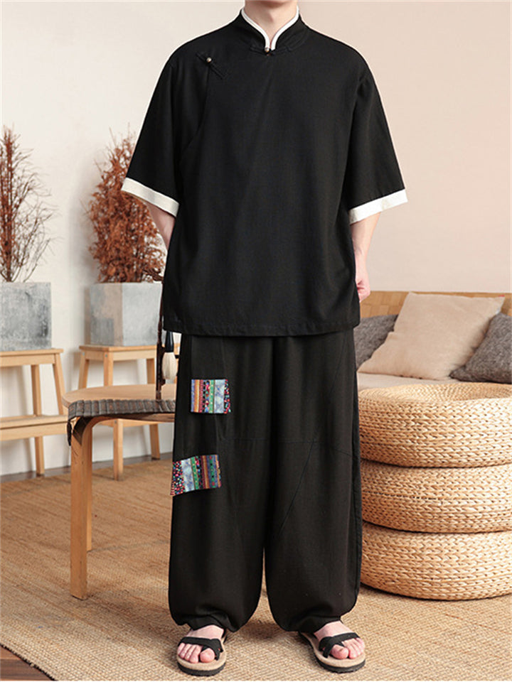 Ethnic Style Slant Opening Plate Buttons Linen Tops and Wide Leg Pants Set for Men
