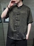 Men's Chinese Style Printed Satin Loose Fit Casual Tang Suit Summer Shirts
