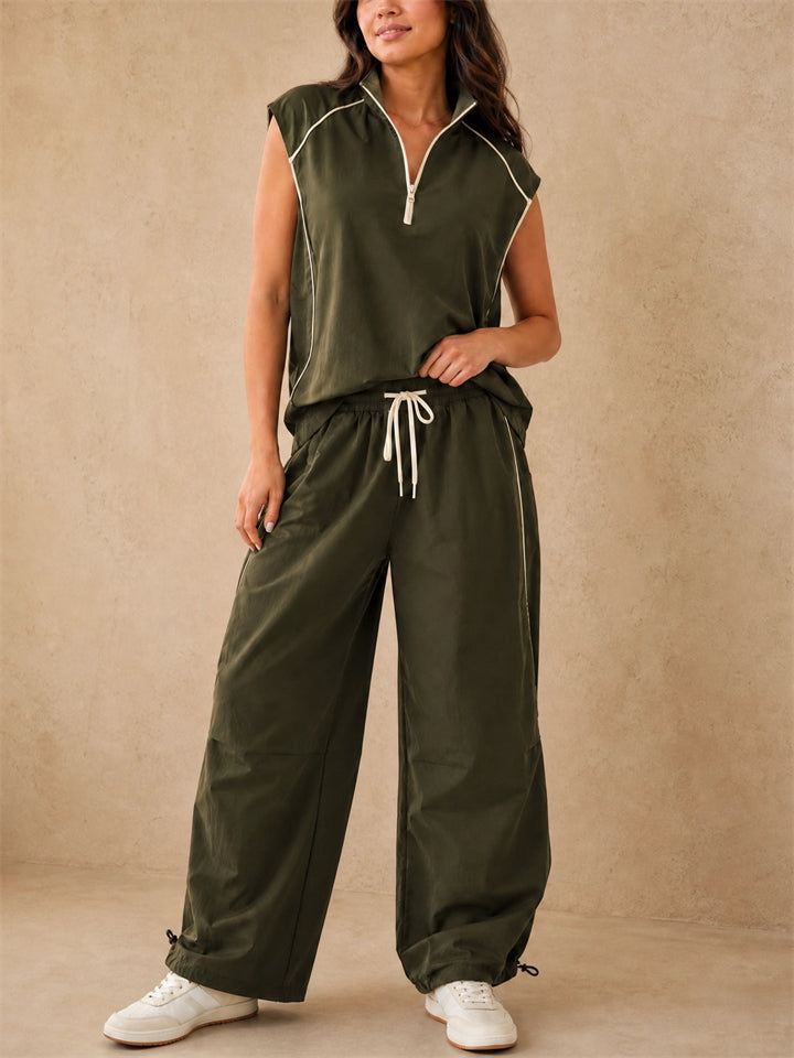Women Olive Half Zip Sleeveless Top and Wide Leg Cargo Pants Set