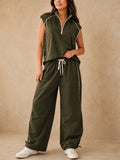 Women Olive Half Zip Sleeveless Top and Wide Leg Cargo Pants Set