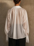 Women's Sheer V Neck Pleated Lantern Sleeve Blouse