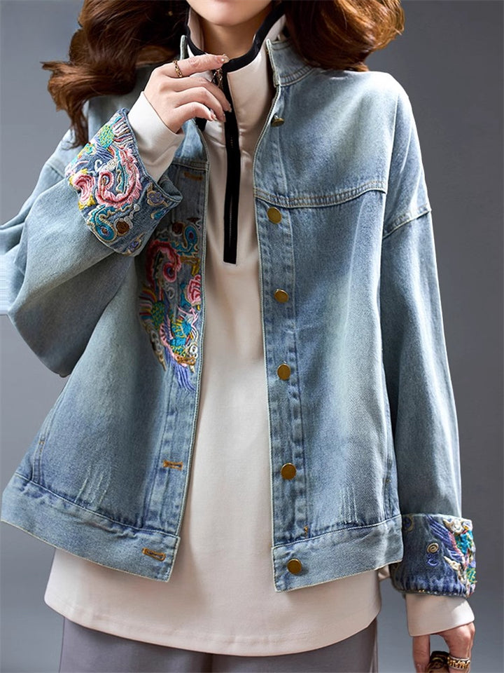 Long Sleeve Stand Collar Embroidery Waist Length Denim Jacket for Women