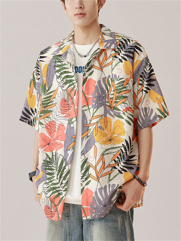 Men's Holiday Style Leaves Print Lapel Short Sleeve Beach Shirt