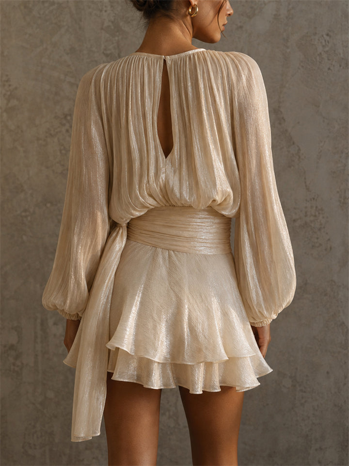 Women's Sweet Style Metallic Pleated Tiered Ruffle Mini Dress