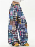 Women's Retro Lazy Style Patchwork Plaid Wide Leg Pants