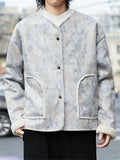 ‌Chinese Style Gray Printed Winter Coat with Faux Fur Trim for Men