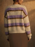 Women's Fuzzy Color Block Striped Mohair Knit Cardigan Sweater