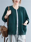 Retro Long Sleeve Zip Pockets Solid Color Jacket for Women
