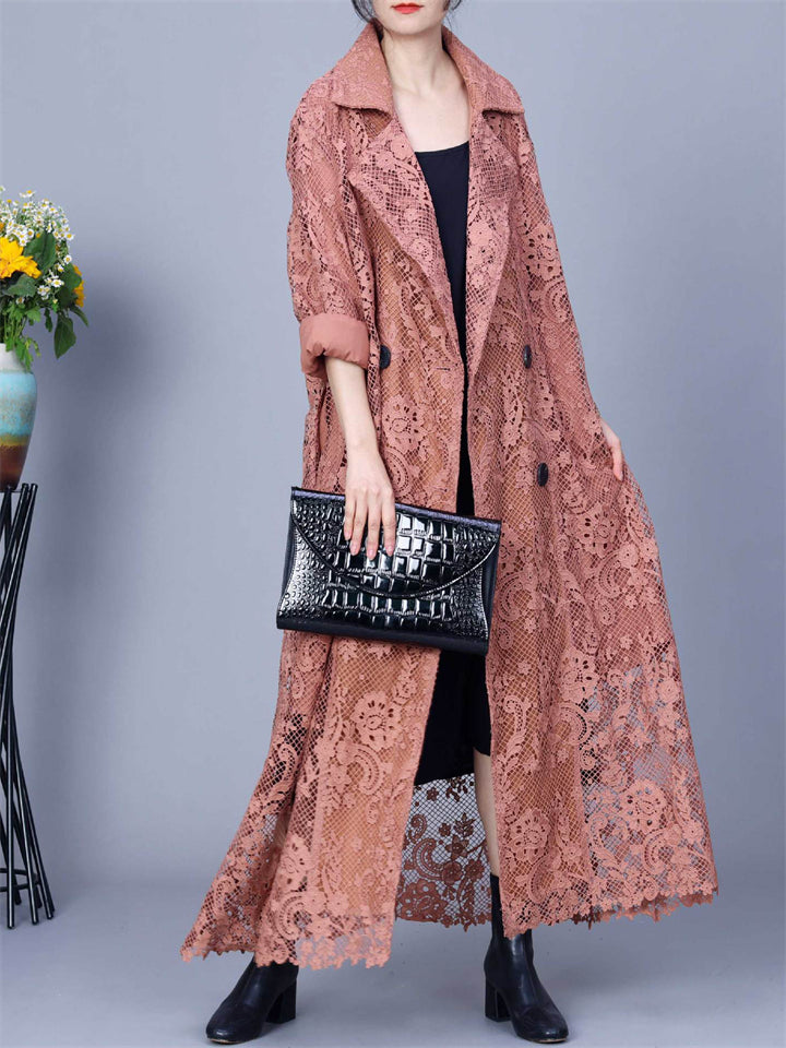 Women's Spring Luxury Lace Embroidery Bouble-Breasted Long Coat