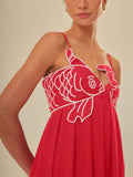 Women's Summer Red 3D Fish Embroidery Loose Strap Dress