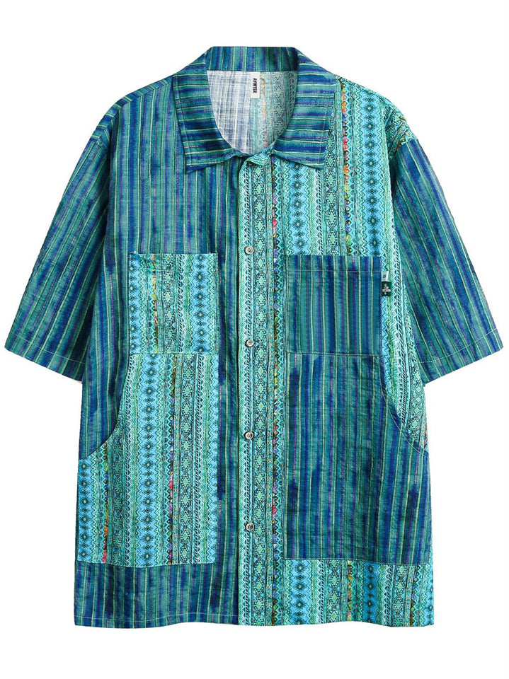 Men's Summer Ethnic Style Contrast Color Patchwork Short Sleeve Shirt