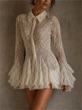 Womens Sexy Sheer Lace Ruffle Flared Sleeve Mini Dress