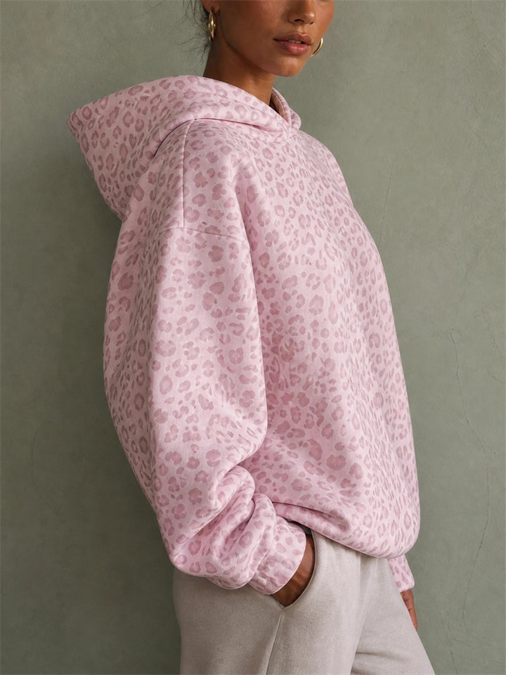 Womens Leopard Leaves Print Oversized Casual Pullover Hoodie