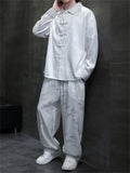 Oriental Leaf Pattern Lapel Shirt and Loose Elastic Waist Pants Set for Men