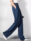 Women's Casual Blue Relaxed High-Waist Office Pants