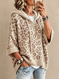 Women Leopard Print Oversized Pullover Hooded Poncho Knit Sweater