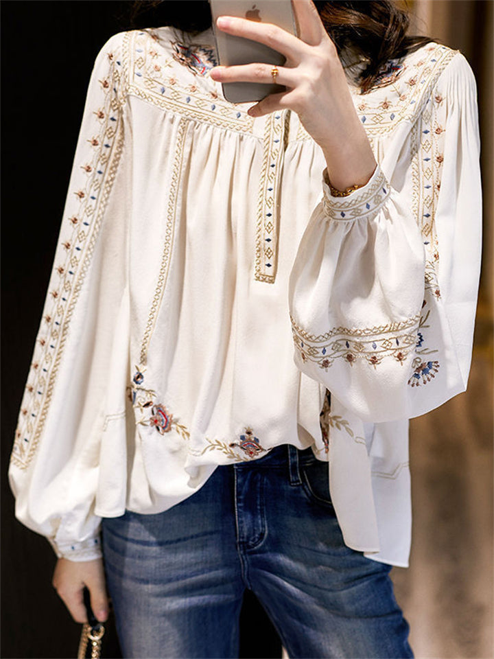 Women's Comfy Stand Collar Long Sleeve Print Boho Shirt