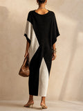 Women V Neck Batwing Sleeve Knit Colorblock Maxi Dress