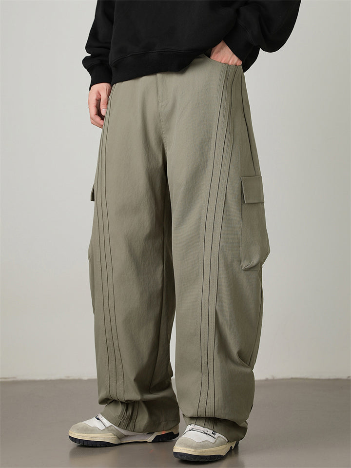 Autumn Pleated Loose Fit Pocket Drawstring Men Casual Cargo Pants