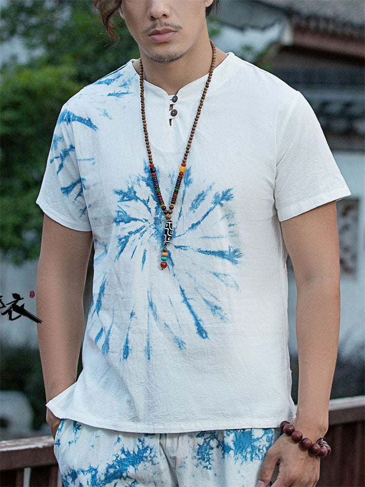 Men's Summer Blue Tie-dye V Neck Short Sleeve T Shirt