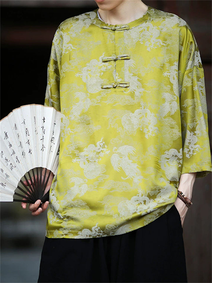 Cool Loose Oriental Style Print 3/4-sleeved Shirt for Men