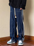 Men's Patchwork Elastic Waist Drawstring Wide-Leg Straight Jeans