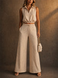 Women 2 Piece Sleeveless Polo and Geometric Wide Leg Pants Set