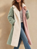 Women Color Block Faux Fur Coat Long Teddy Fleece Overcoat