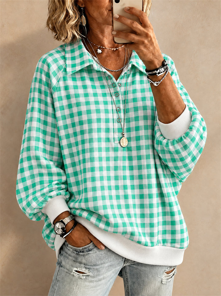 Women Gingham Plaid Shirt Half Button Long Sleeve Pullover Top