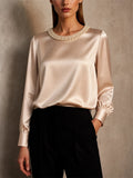 Women Faux Pearl Neck Long Sleeve Top Satin Blouse