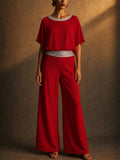Women 2 Piece Causal Sequin BatWing Sleeve Top and Wide Leg Pants Set